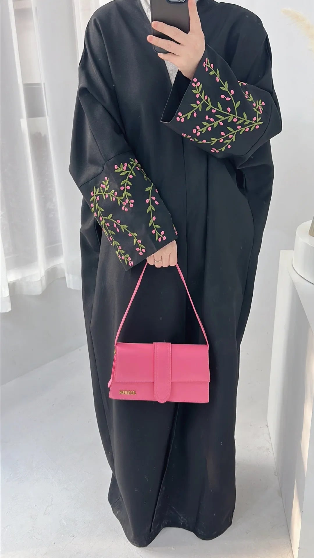 LM032 Flower Linen Texture Embroidery Abaya - LumosModesty