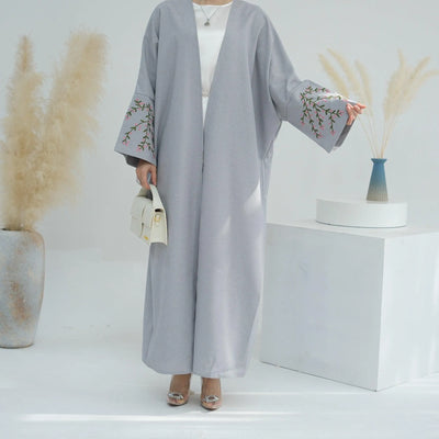 LM032 Flower Linen Texture Embroidery Abaya - LumosModesty