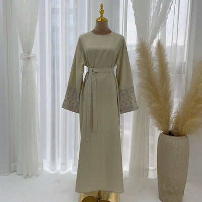 LM035 Daisy Embroidery Linen Texture Maxi Dress Closed Abaya - LumosModesty