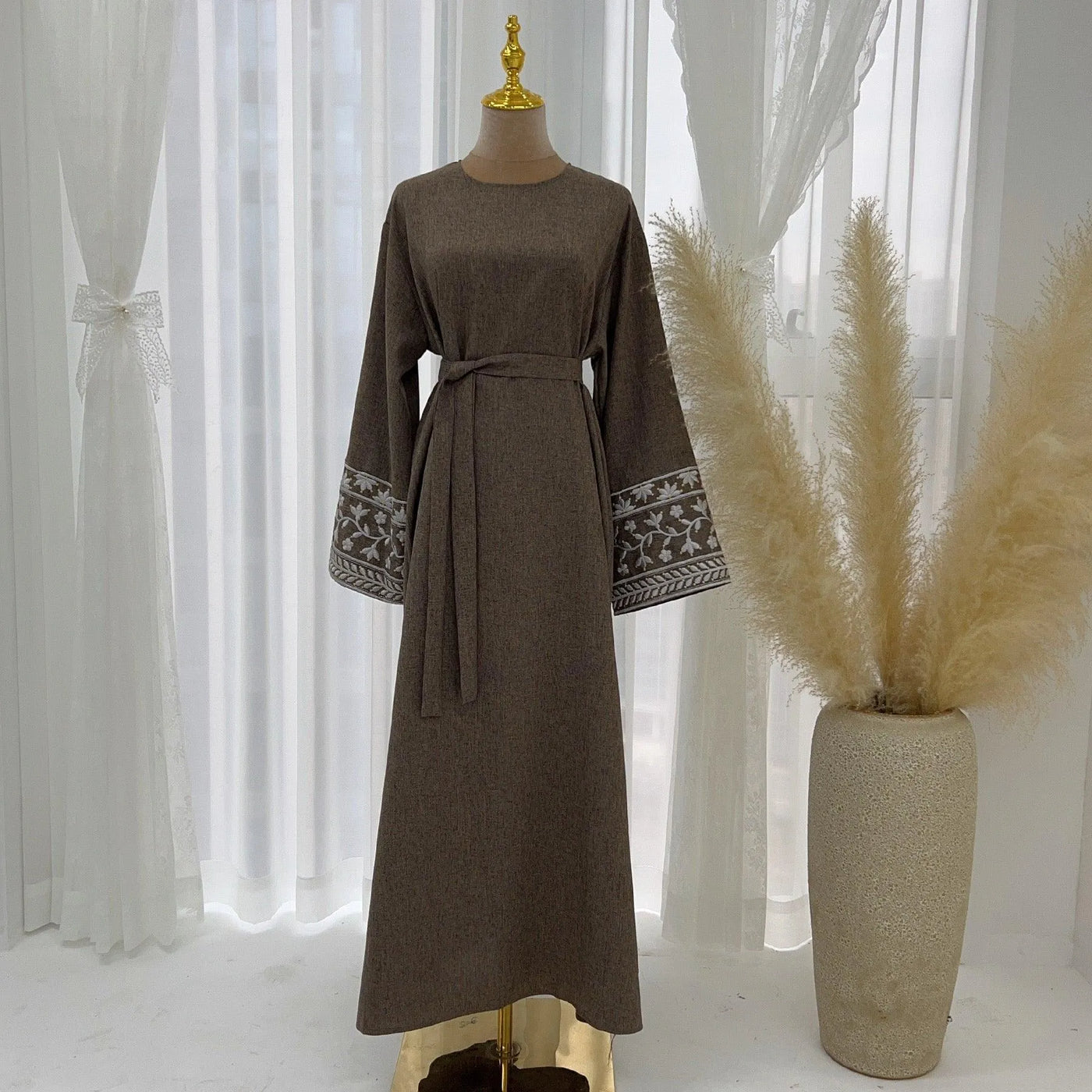 LM035 Daisy Embroidery Linen Texture Maxi Dress Closed Abaya - LumosModesty