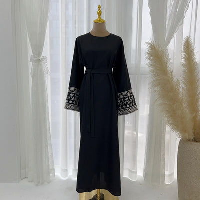 LM035 Daisy Embroidery Linen Texture Maxi Dress Closed Abaya - LumosModesty