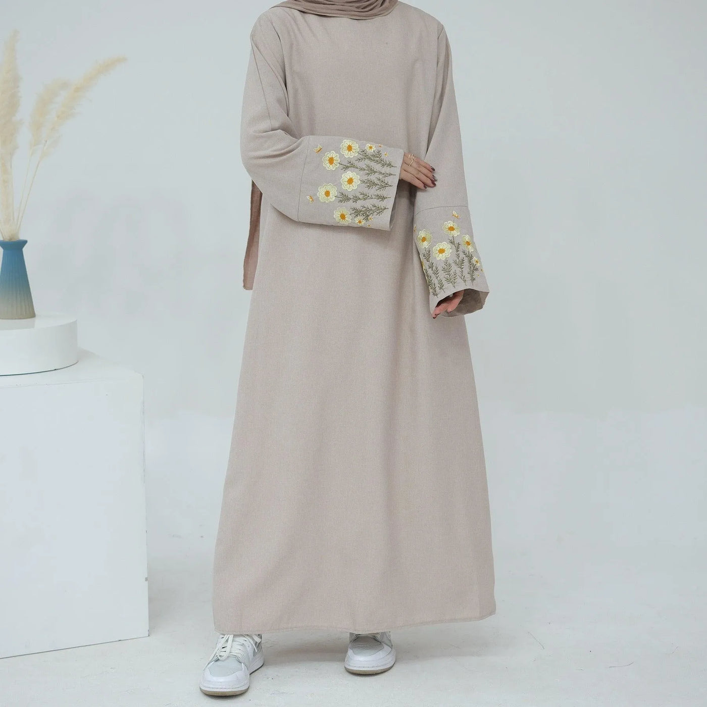 LM036 Flowers Bouquet Embroidery Linen Texture Maxi Dress Closed Abaya- lumosmodesty