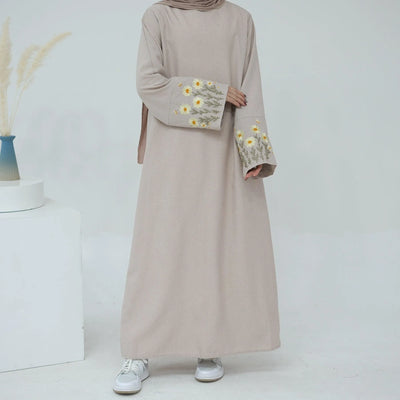 LM036 Flowers Bouquet Embroidery Linen Texture Maxi Dress Closed Abaya- lumosmodesty