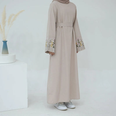 LM036 Flowers Bouquet Embroidery Linen Texture Maxi Dress Closed Abaya- lumosmodesty