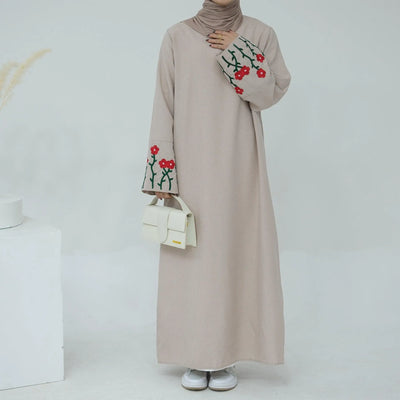 LM036 Flowers Bouquet Embroidery Linen Texture Maxi Dress Closed Abaya- lumosmodesty