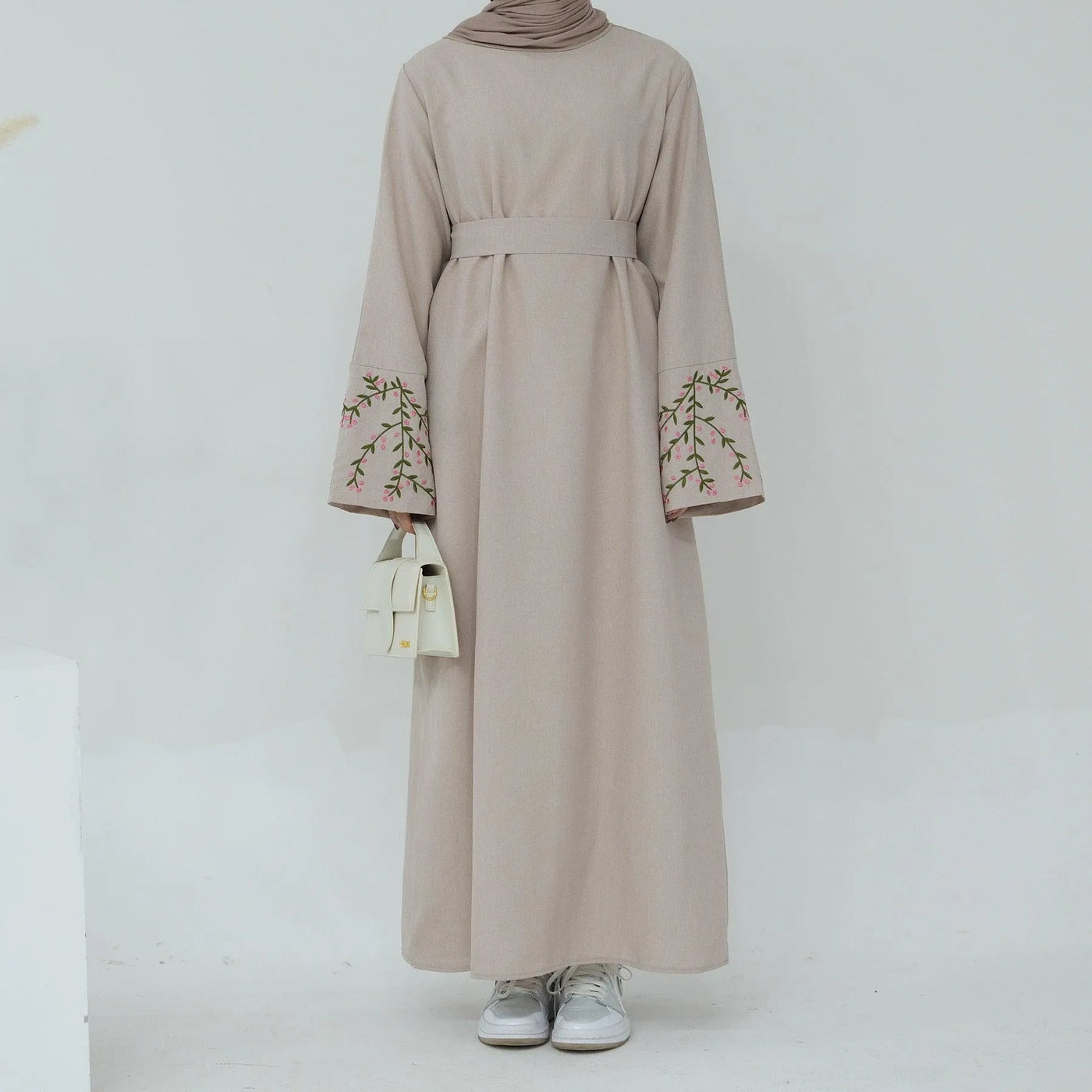 LM036 Flowers Bouquet Embroidery Linen Texture Maxi Dress Closed Abaya - LumosModesty