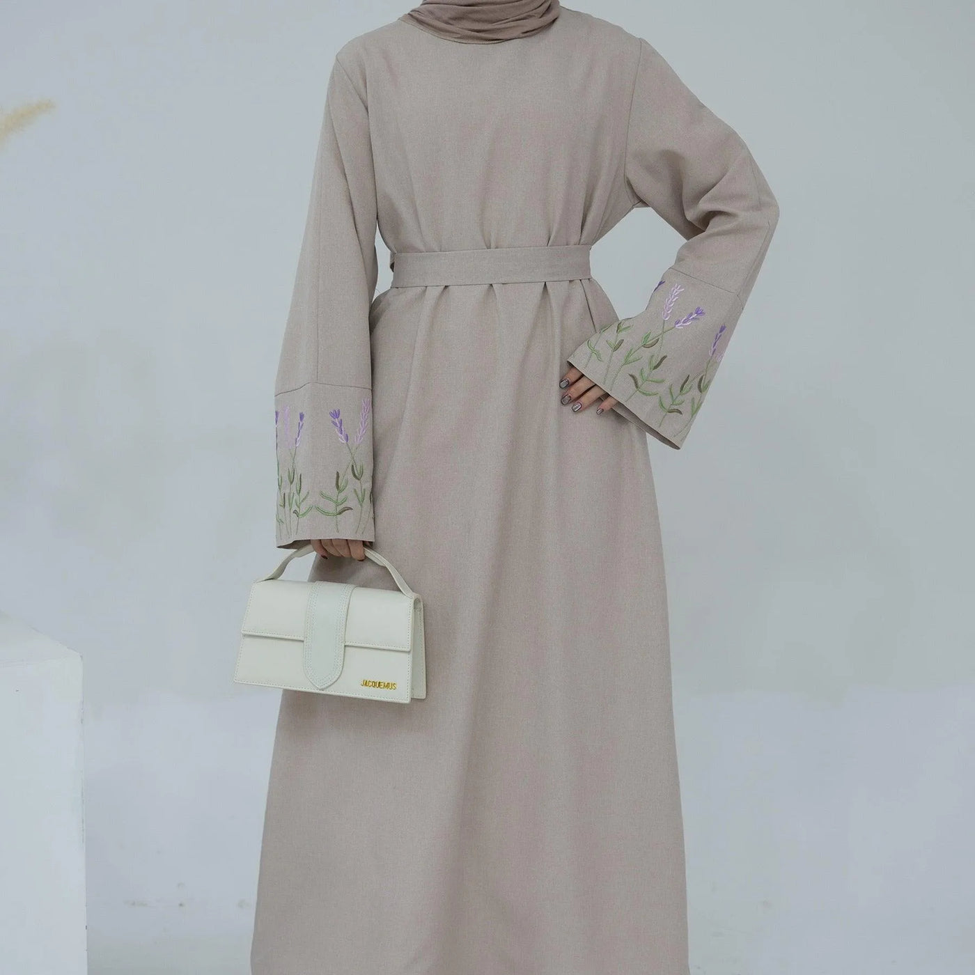 LM036 Flowers Bouquet Embroidery Linen Texture Maxi Dress Closed Abaya- lumosmodesty