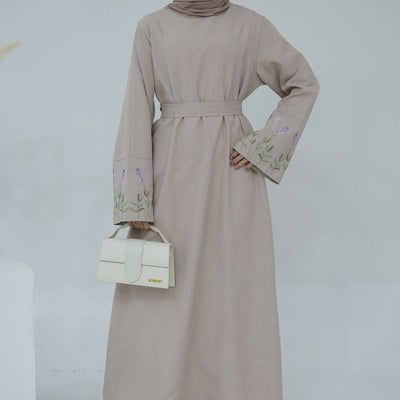 LM036 Flowers Bouquet Embroidery Linen Texture Maxi Dress Closed Abaya- lumosmodesty