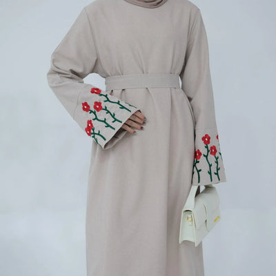 LM036 Flowers Bouquet Embroidery Linen Texture Maxi Dress Closed Abaya- lumosmodesty