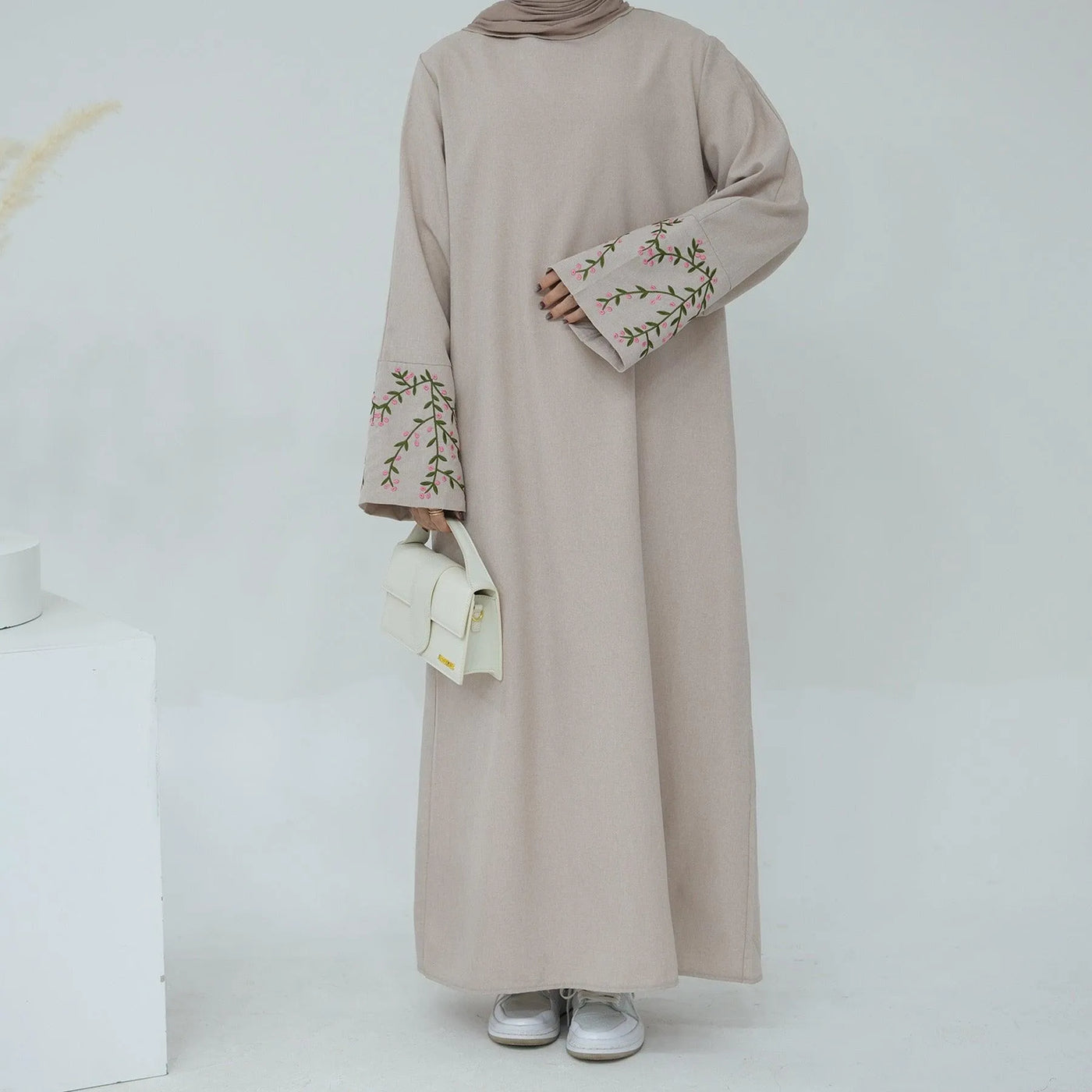 LM036 Flowers Bouquet Embroidery Linen Texture Maxi Dress Closed Abaya- lumosmodesty