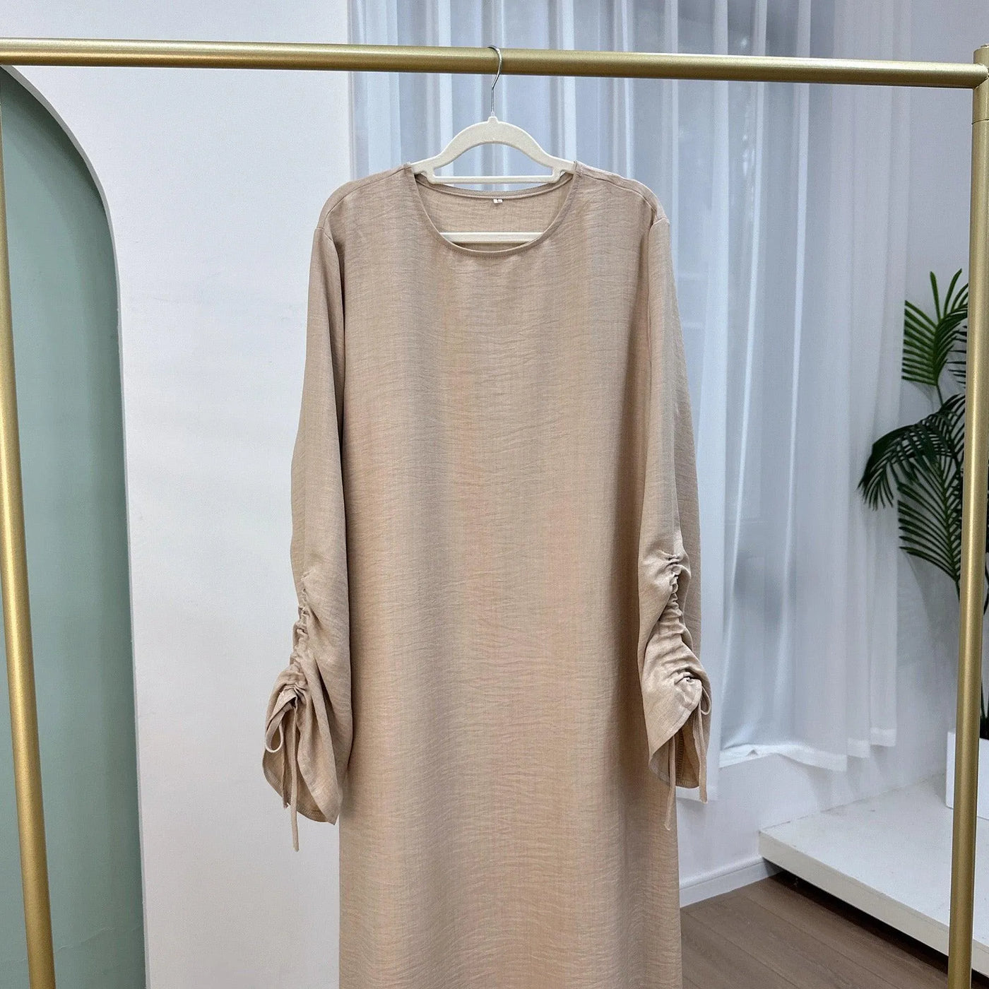 LM037 Crepe Linen Texture Ruched Long Sleeves Tie Shirred Slip Dress-lumosmodesty