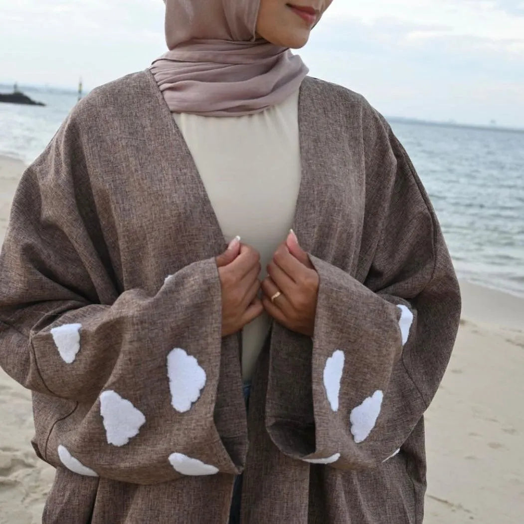 LM027 Cloud Kimono Sahāb Linen Texture Open Abaya Cardigan - LumosModesty