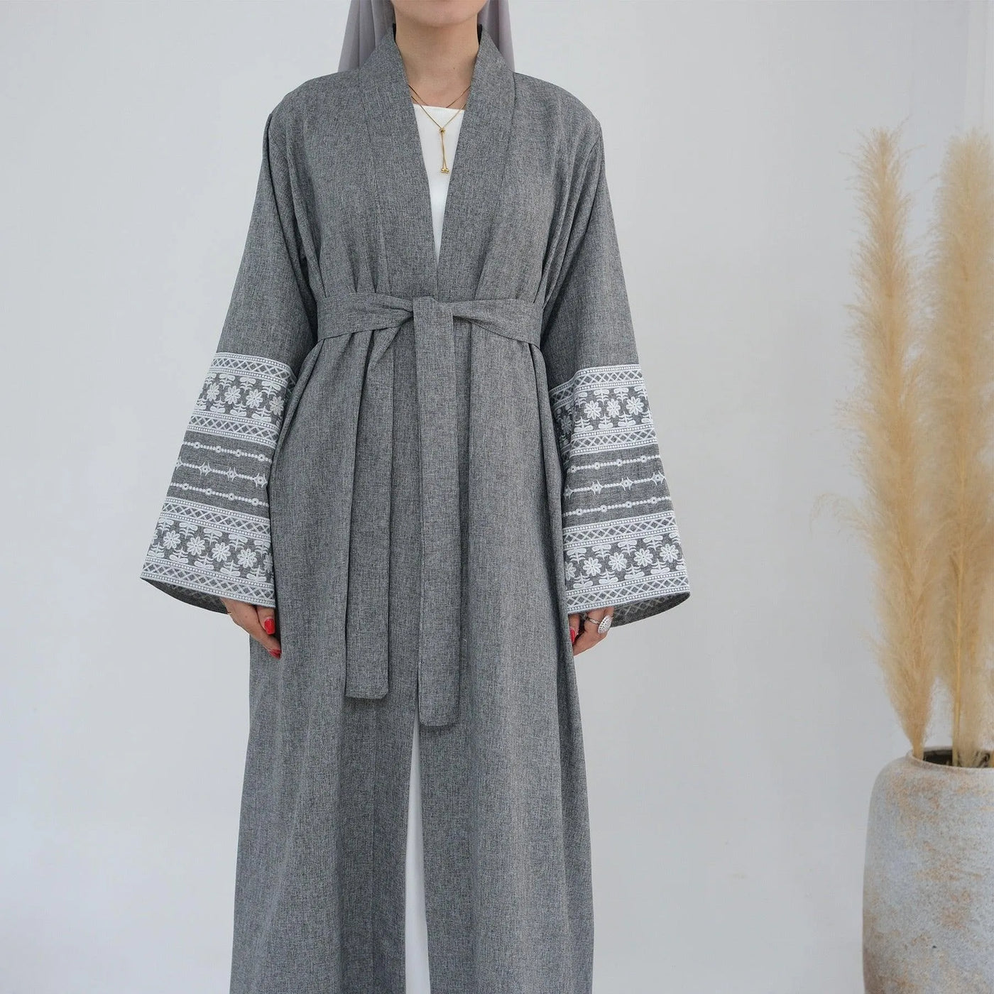 LM039 Dunya Embroidery Linen Texture Open Abaya Cardigan with Belt and Pockets - LumosModesty