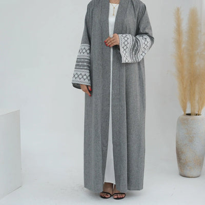 LM039 Dunya Embroidery Linen Texture Open Abaya Cardigan with Belt and Pockets - LumosModesty