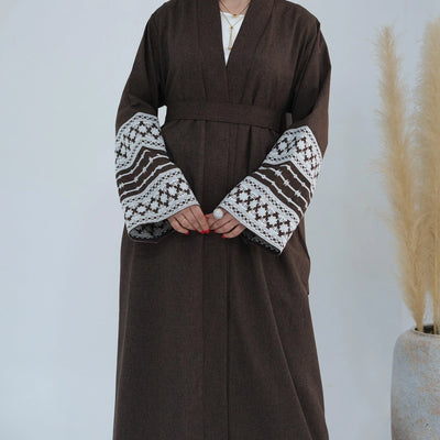 LM039 Dunya Embroidery Linen Texture Open Abaya Cardigan with Belt and Pockets - LumosModesty