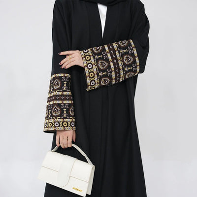 LM040 Akhirah Embroidery Linen Texture Open Abaya Cardigan-lumosmodesty