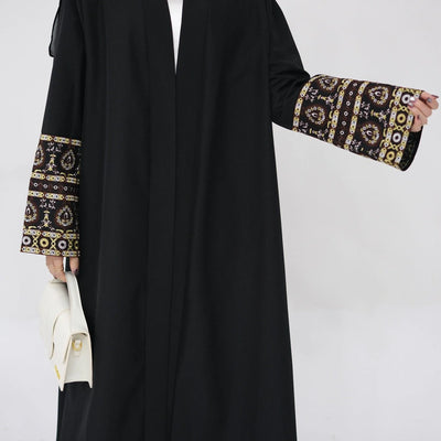 LM040 Akhirah Embroidery Linen Texture Open Abaya Cardigan-lumosmodesty