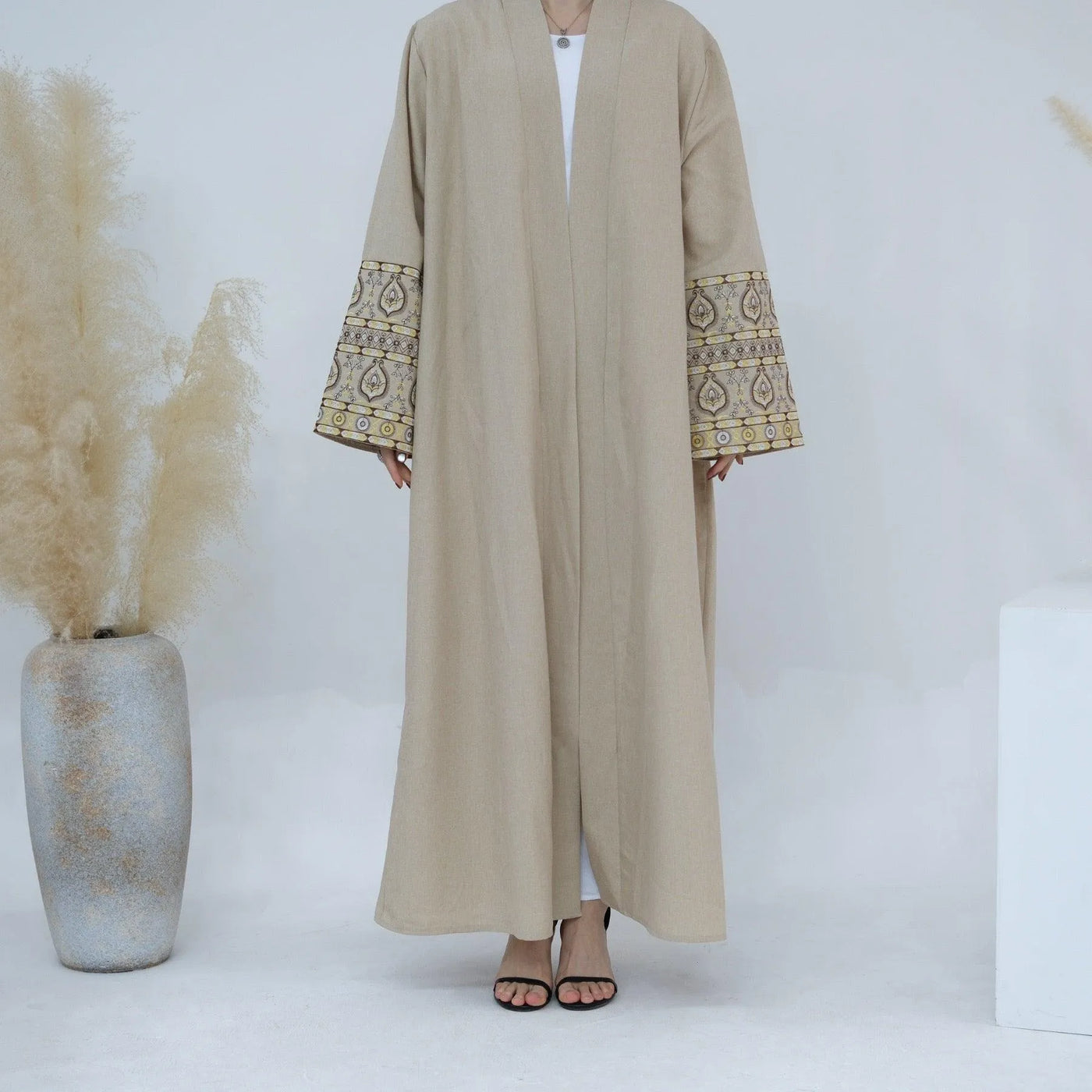 LM040 Akhirah Embroidery Linen Texture Open Abaya Cardigan-lumosmodesty