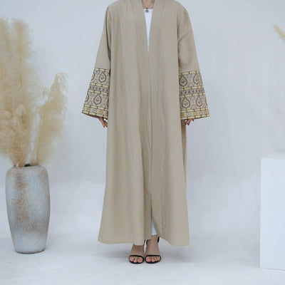 LM040 Akhirah Embroidery Linen Texture Open Abaya Cardigan-lumosmodesty