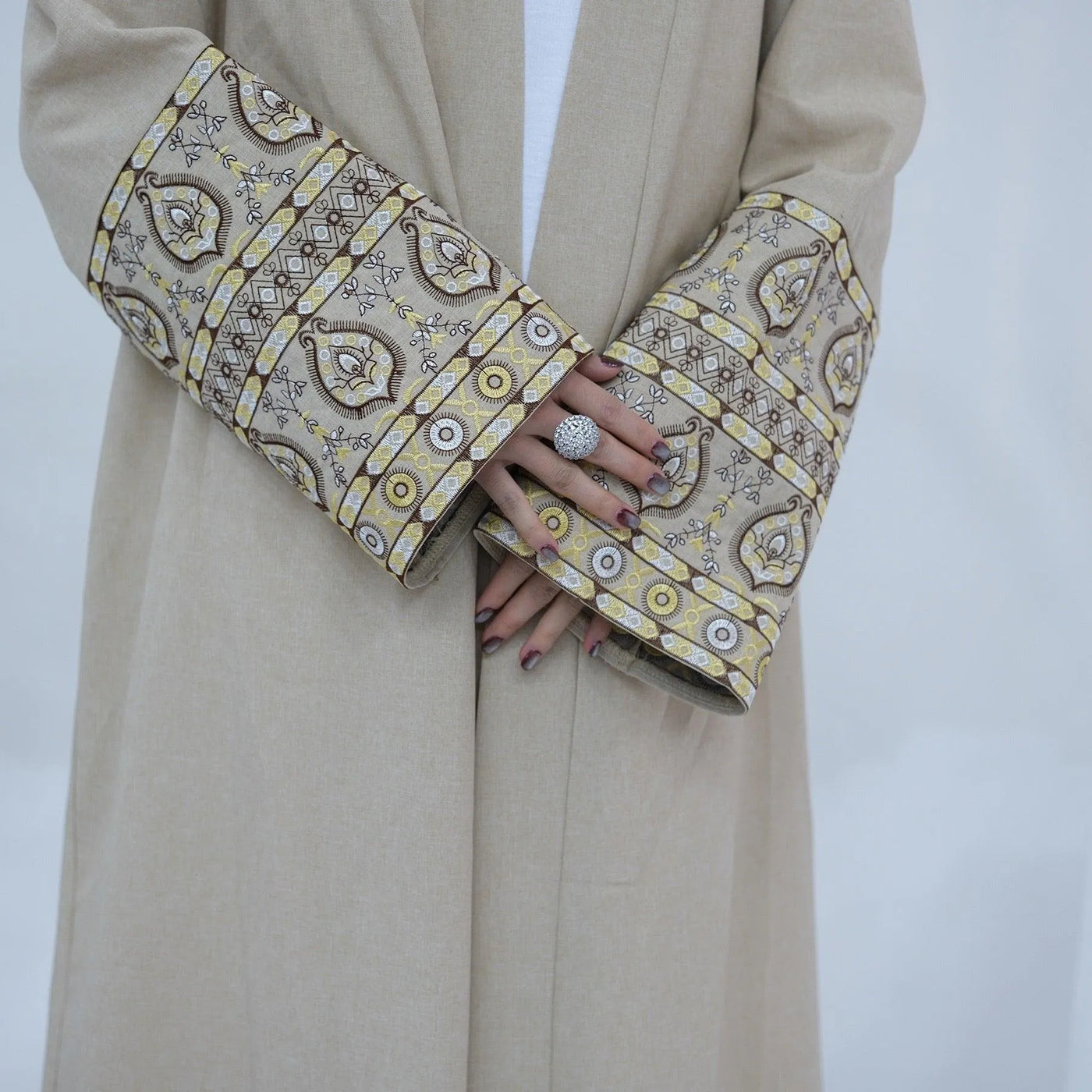 LM040 Akhirah Embroidery Linen Texture Open Abaya Cardigan-lumosmodesty