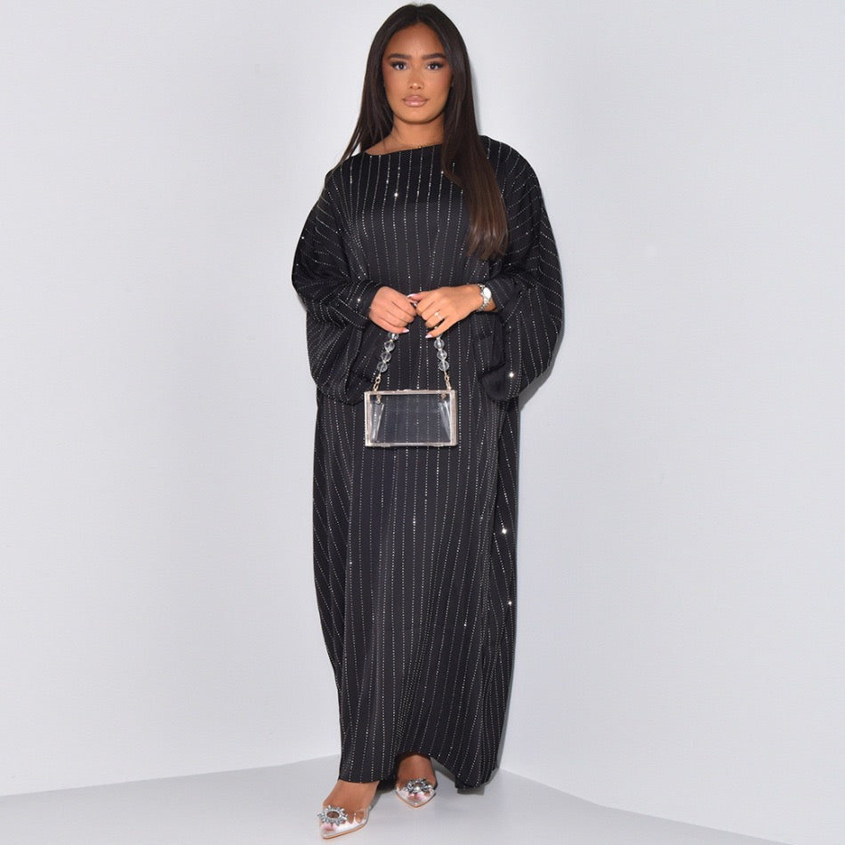 LM045 Striped Dress -Diamonds Embellishment Kaftan Maxi -Stripedress Abaya -Arabic Muslim Women Clothing - LumosModesty