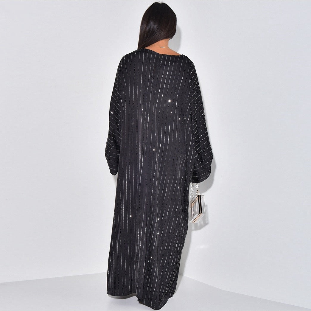 LM045 Striped Dress -Diamonds Embellishment Kaftan Maxi -Stripedress Abaya -Arabic Muslim Women Clothing - LumosModesty