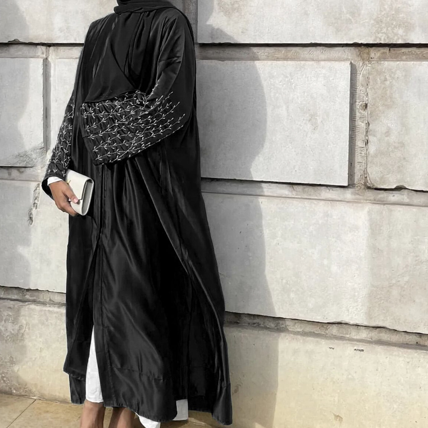 LM047 Armani Satin Pearl Embellishment Beaded Sleeves Open Abaya Cardigan with Tessel Belt - LumosModesty