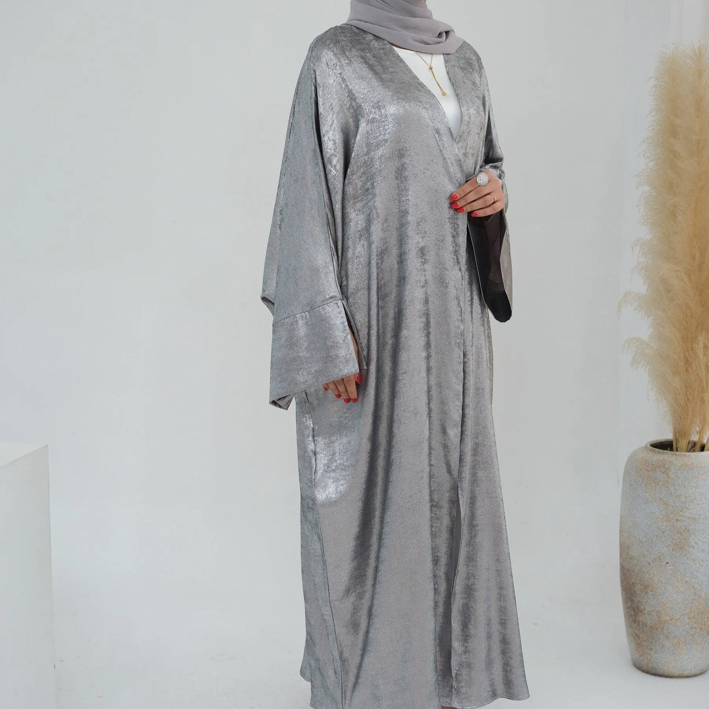 LM051 EID - Luxury Metallic Open Abaya Kaftan Dress Shimmer Shiny 2024