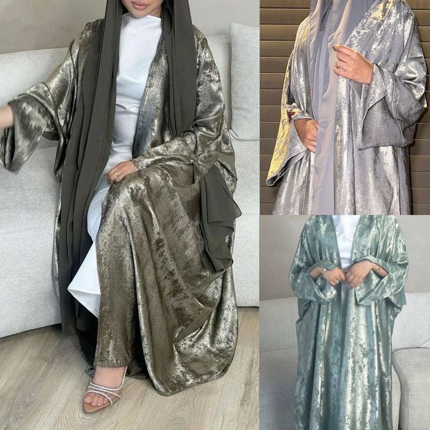 LM051 EID - Luxury Metallic Open Abaya Kaftan Dress Shimmer Shiny 2024