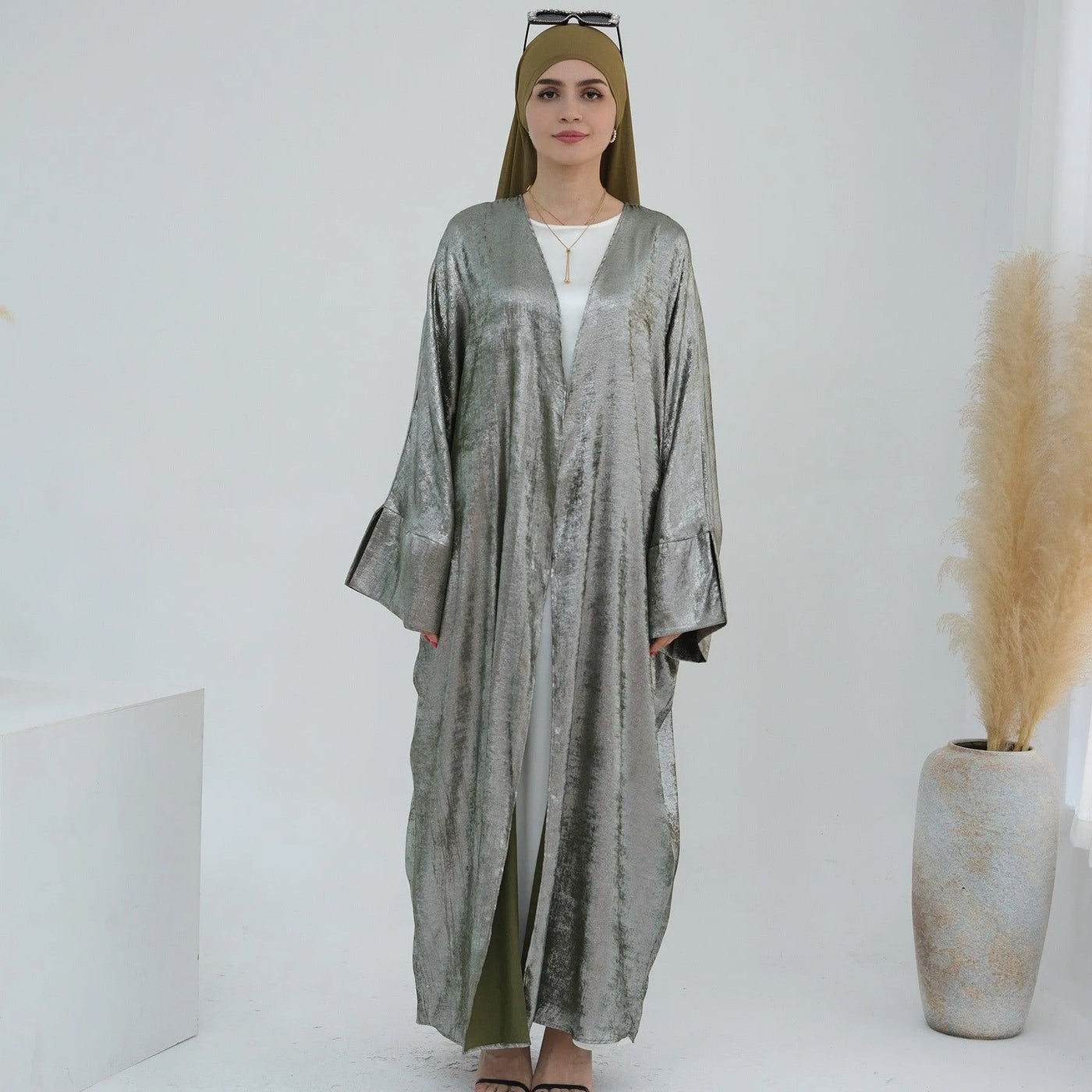 LM051 EID - Luxury Metallic Open Abaya Kaftan Dress Shimmer Shiny 2024