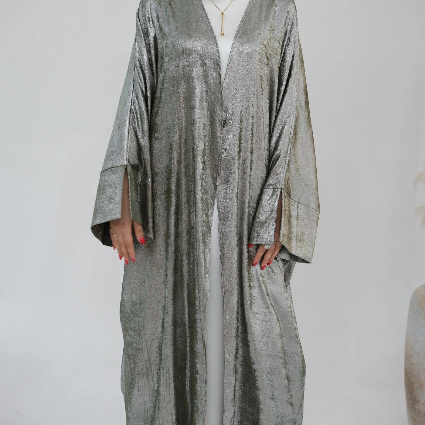 LM051 EID - Luxury Metallic Open Abaya Kaftan Dress Shimmer Shiny 2024