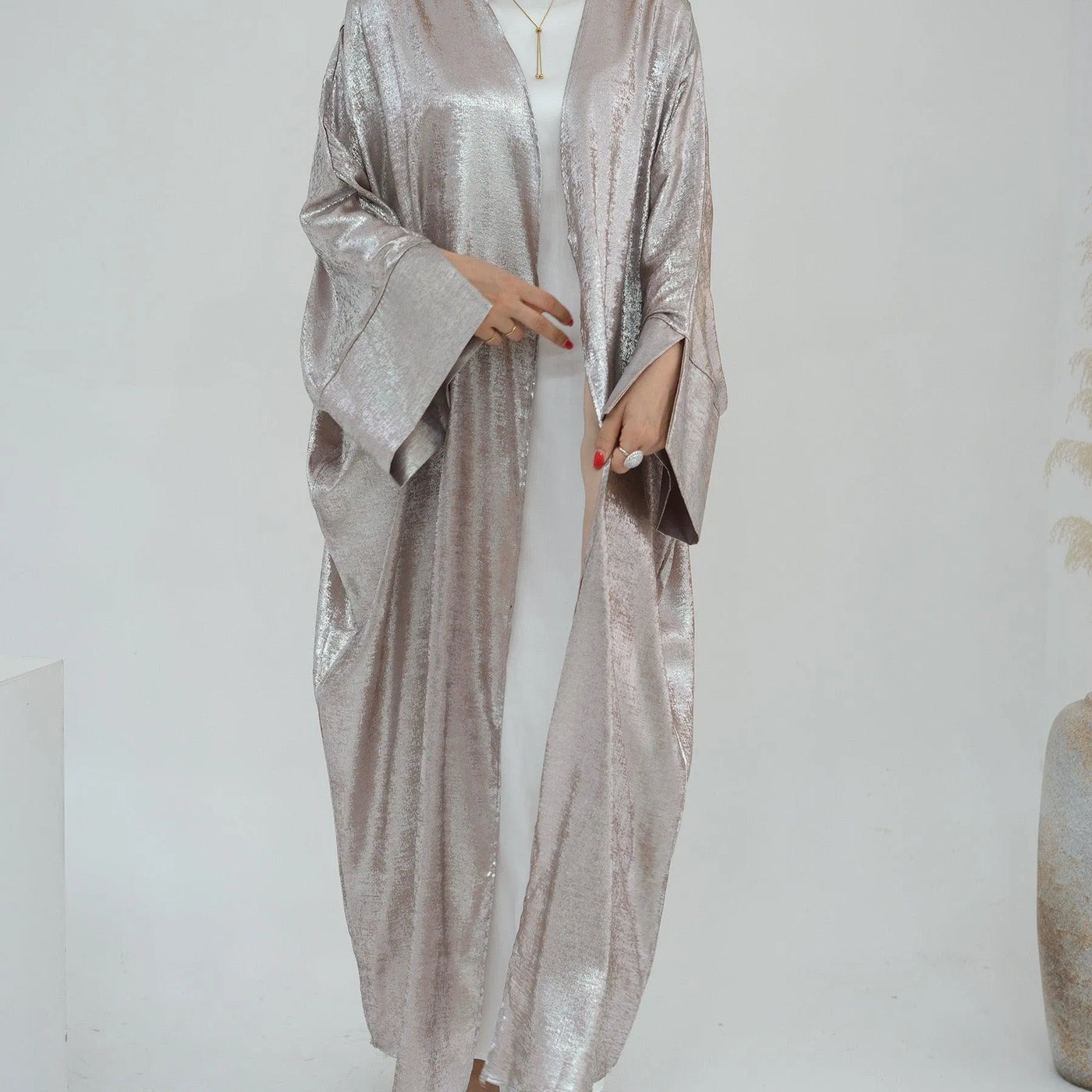 LM051 EID - Luxury Metallic Open Abaya Kaftan Dress Shimmer Shiny 2024