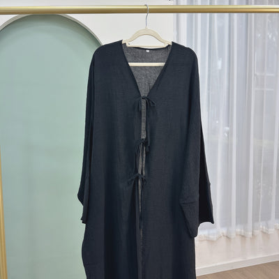 LM063 Crepe Kimono Style Open Abaya with Jazz Tie Front | Summer Modest Islamic Wear for Women