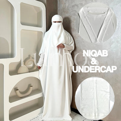 Umrah Collection White 1 Pieces Satin Jilbab Come With A White Niqab And White Undercap Islamic Translucent Muslim Women - LumosModesty