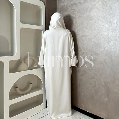 Umrah Collection White Satin Hooded Abaya Come With A White Niqab And White Undercap Islamic Translucent Muslim Women - LumosModesty