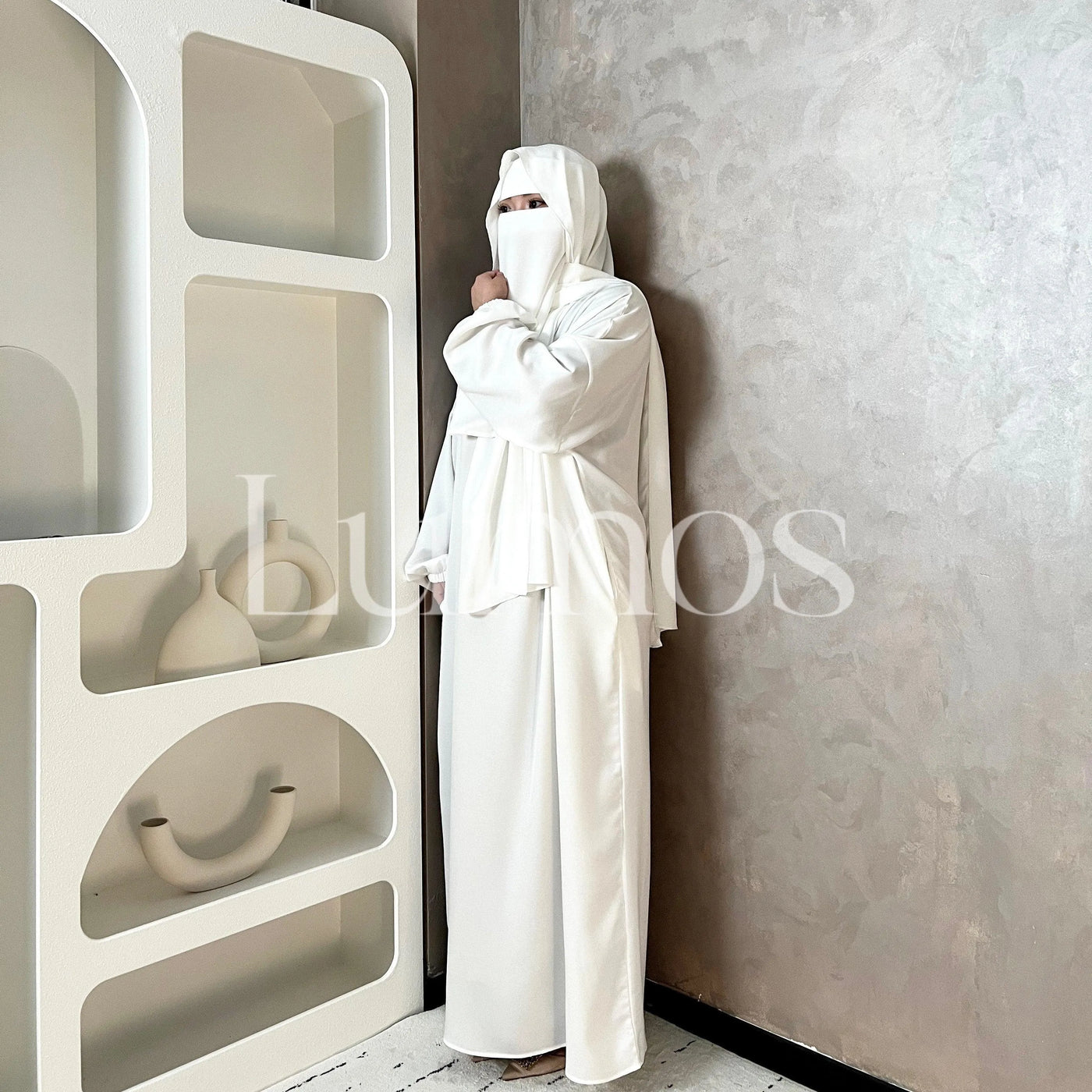 Umrah Collection White Satin Hooded Abaya Come With A White Niqab And White Undercap Islamic Translucent Muslim Women - LumosModesty