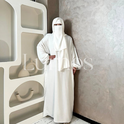 Umrah Collection White Satin Hooded Abaya Come With A White Niqab And White Undercap Islamic Translucent Muslim Women - LumosModesty