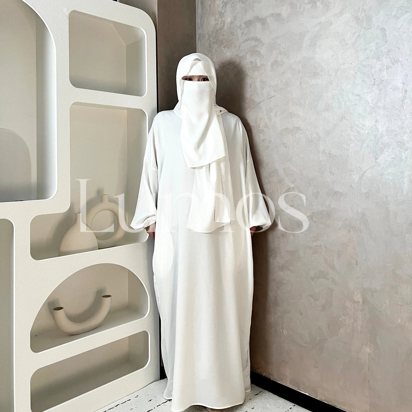 Umrah Collection White Satin Hooded Abaya Come With A White Niqab And White Undercap Islamic Translucent Muslim Women - LumosModesty